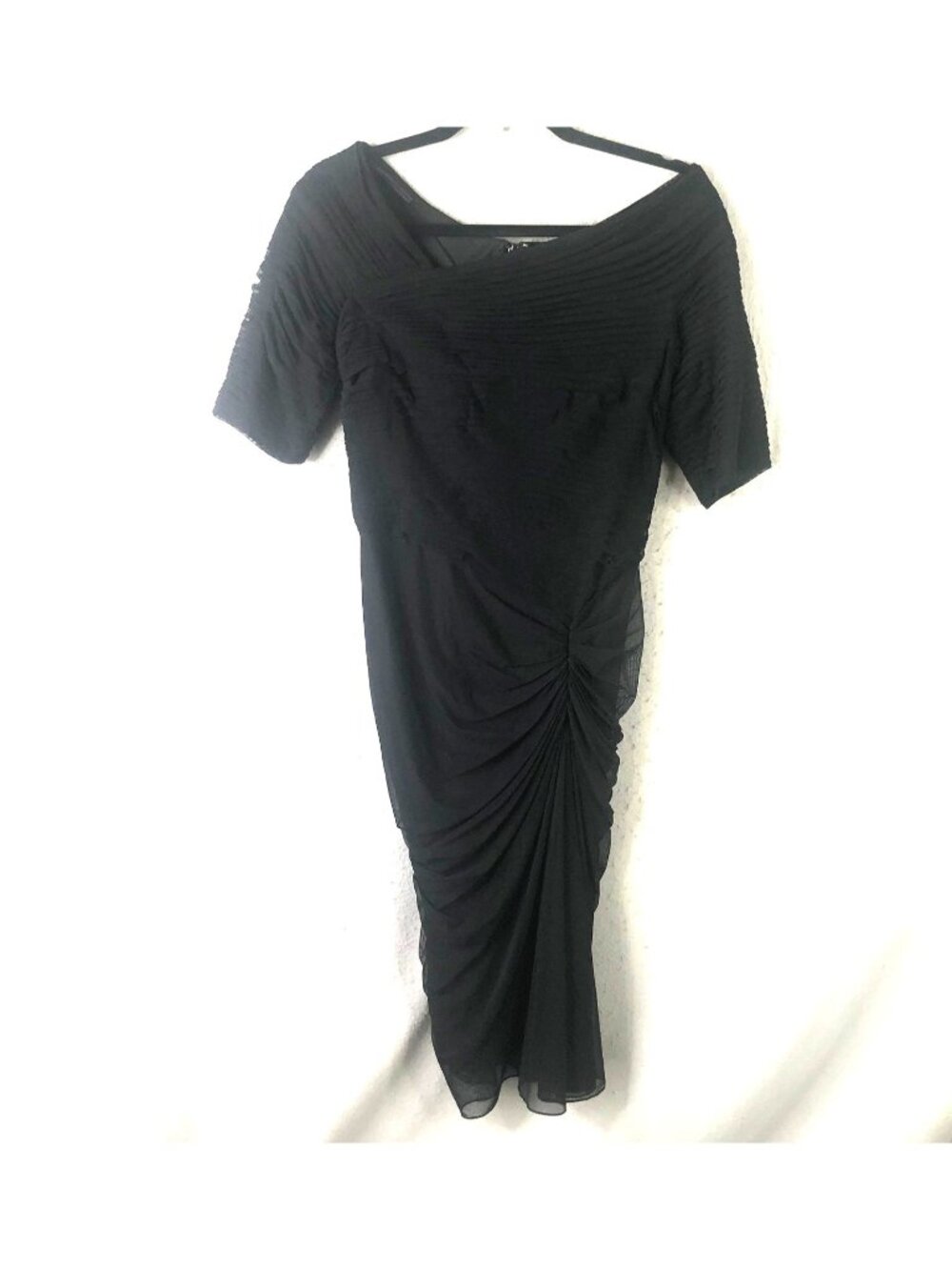 Tadashi Shoji Dress Womens M Black Ruched Mesh Off Shoulder Midi Cocktail Formal